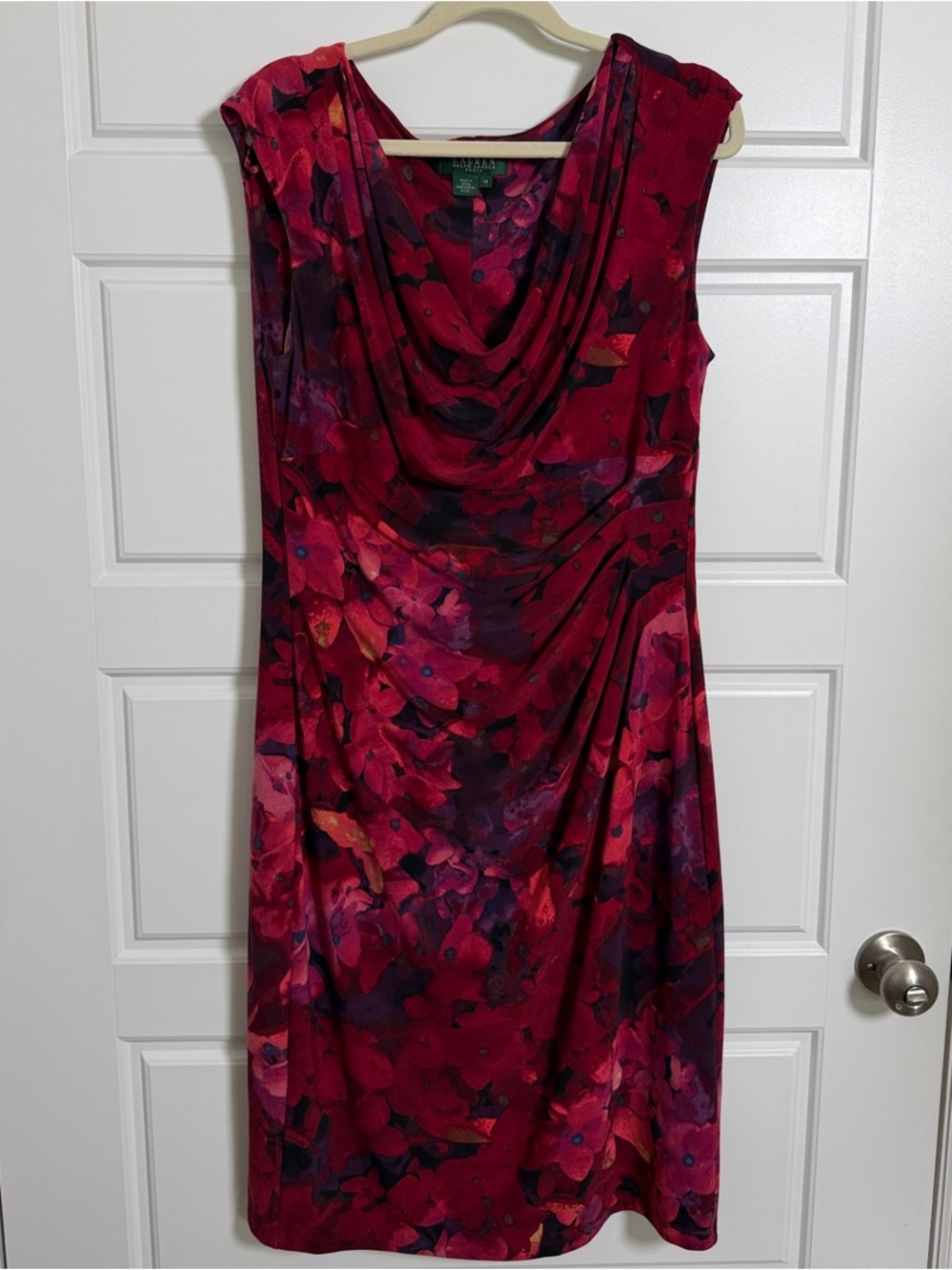 Ralph Lauren Red Floral Cowl-Neck Sheath Dress Size 14